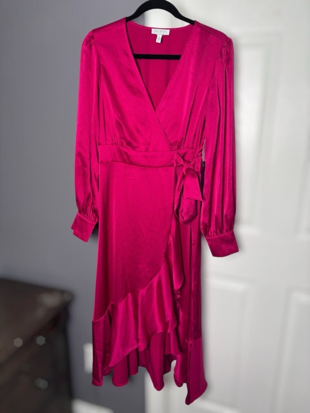 Sofia Vergara Dark Pink Ruffle Long Sleeve V Neck Dress Medium
